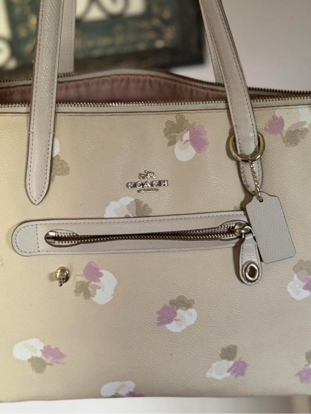 Coach Beige Floral Print Leather Tote with wristlet(READ)